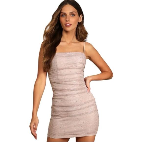 Lulus Mauve Glitter Ruched Bodycon Mini Dress Sparkle Party NWT Small - Picture 1 of 7